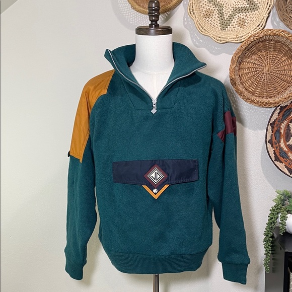 Mens Vintage Sun Valley Wool & Wind Stopper 1/4 Zip Sweater Snow Teal Burgundy - Picture 1 of 14